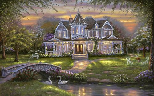 ! Landscape House River Bridge Swans