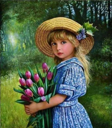 ! beautiful little girl with tulips