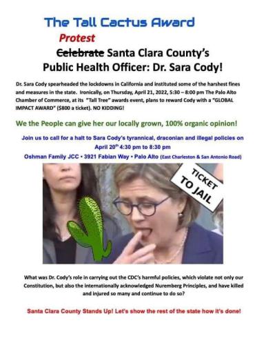 Palo Alto, California - April 21, 2022 - Protest Santa Clara County Public Health Officer Award