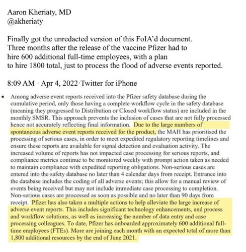 pfizer hiring people due to high volume of adverse events reported