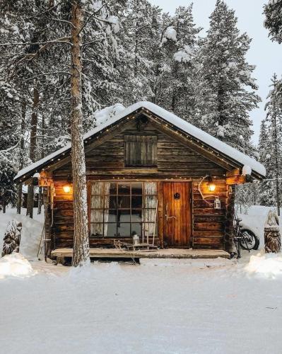 Bright cabin in the snow