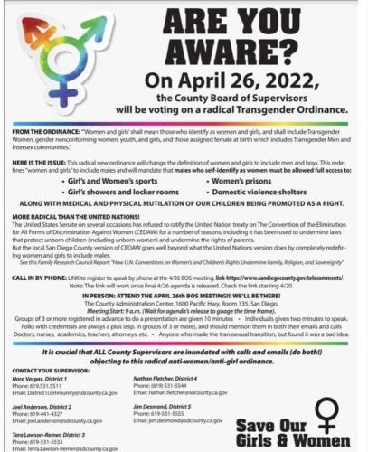 San Diego, California - April 26, 2022 - BOS Meeting Transgender Ordinances