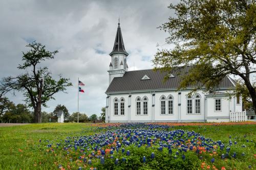 Church with Bluebonnets Dubina Tx