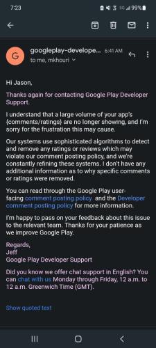 Google Play removing your reviews.