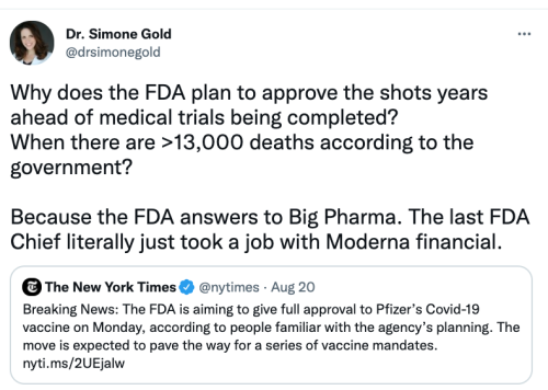 Dr. Simone Gold Quote on FDA Mandating Vaccines Before Trials Completed