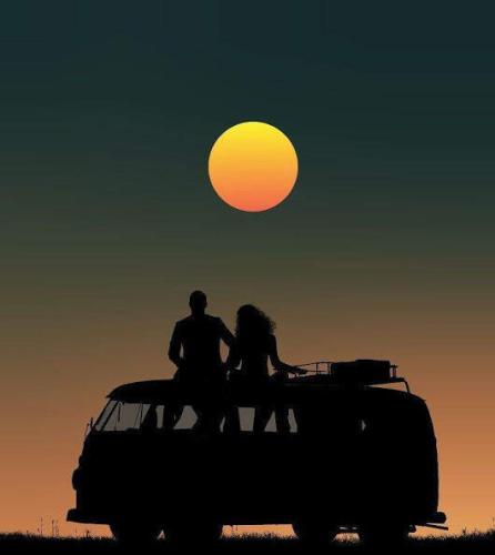 Couple and VW bus with full orange sun