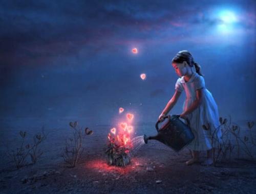 Girl growing flowers with love