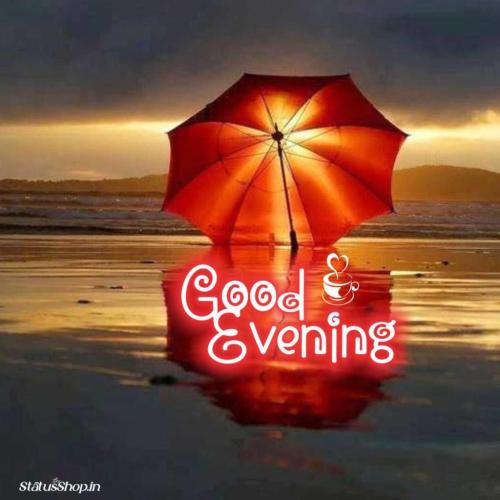 Good Evening - Red Sunset Umbrella on Beach