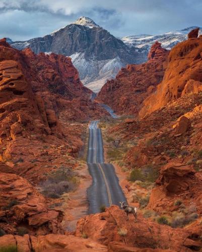 Red rock road to Snowy Mountain Peak