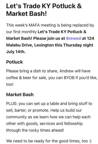 Lexington, Kentucky - July 14, 2022 - Let's Trade Barter and Potluck