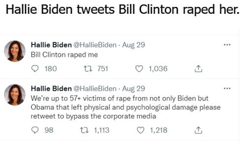 Hallie Biden tweets Bill Clinton raped her.