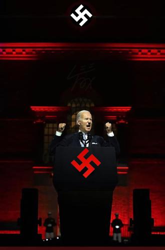 Nazi - Biden Two Fists Up Red Backdrop Marines in Background