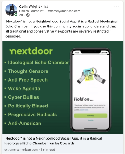 socialmediataliban nextdoor censors conservative echo chamber radical left