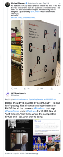 @michaelshermer displaced professor Portland pushing conspiracy book tweet and answer lmv joke punchline