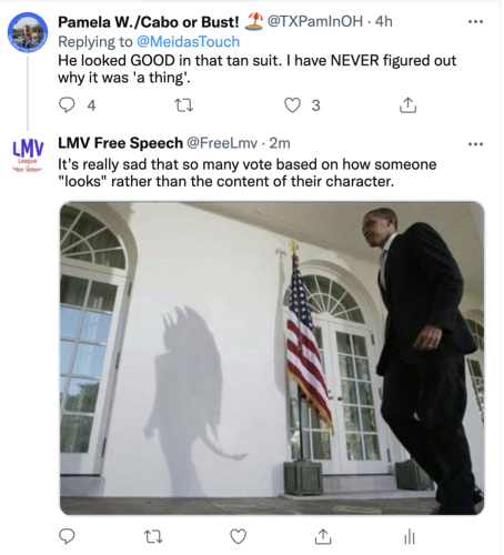 @TXPaminOH Pamela W Cabo or Bust Obama tan suit vs content of character twits on twitter