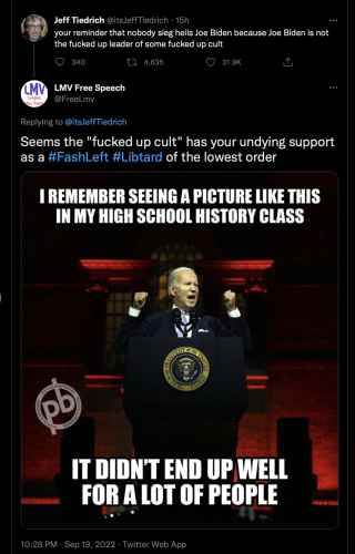 @itsjefftiedrich mocking for his fucked up cult comment fashleft libtard