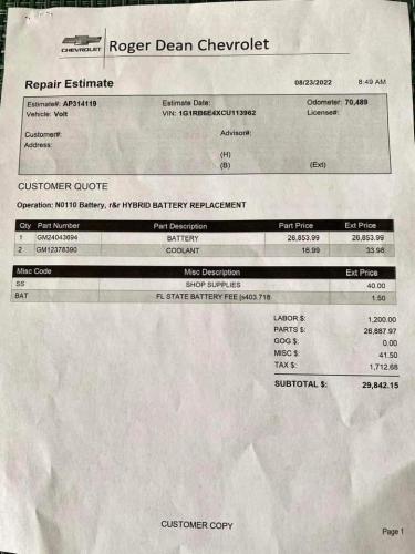 Repair invoice for an E.V. battery replacement.