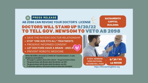 Sacramento, Califronia - Sep 30, 2022 - Press Release  - Doctors Standing Up Against AB2098