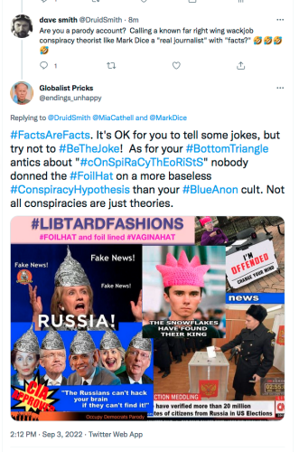 @DruidSmith dave smith libtard account projecting foil hat whining about mark dice Screen Shot 2022-09-03 at 2.12.27 PM