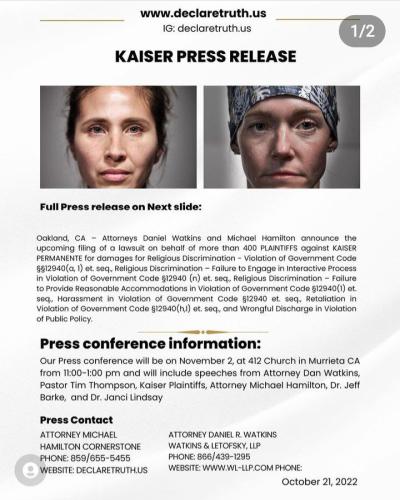 Murrieta, California - Nov 2, 2022 - Press Conference  - Lawsuit Against Kaiser for Religious Discrimination