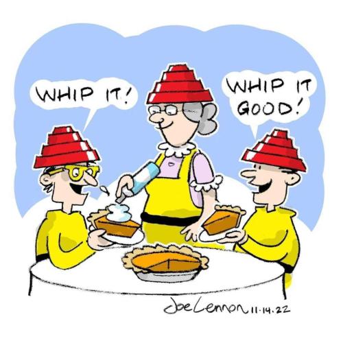 Devo Thanksgiving dinner, whipped cream whip it good