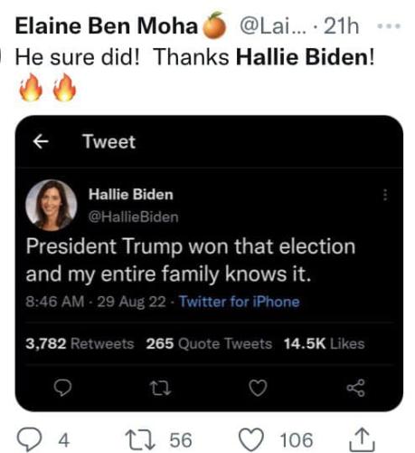 hallie biden president trump won whole biden family knows tweet 20220829