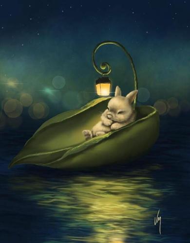 Little Animal Asleep In Leaf with Light on River