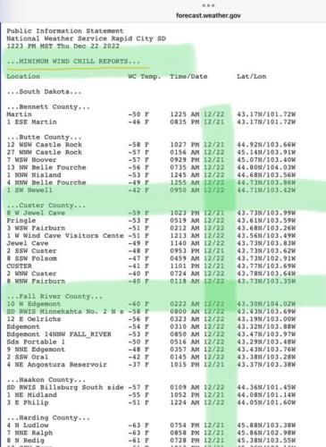 South Dakota Wind Chill reports 960px