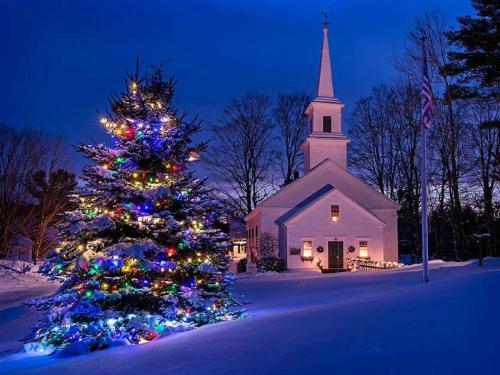Christmas tree and church in Maine