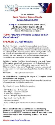Fountain Valley, California - February 5, 2023 - Eagle Forum featuring Dr. Judy Mikovits