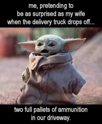 me pretending to be as surprised as my wife when the delivery truck drops off two full pallets of ammunition in our driveway