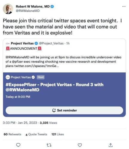 Twitter Spaces Event - January 25, 2023 - Project Veritas Expose Pfizer