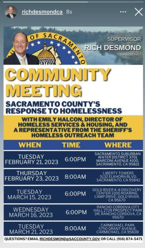 Various Locations in Sacramento and Area, California -  Feb 21 - March 21, 2023 - Community Meeting Response to Homelessness