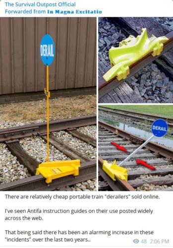 Telegram screenshot suggesting derailing trains 960px