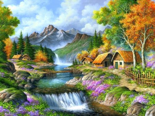 !   Rural mountain cottage scene