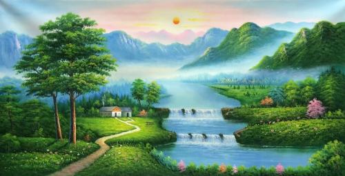 Cabin near the mountains early morning