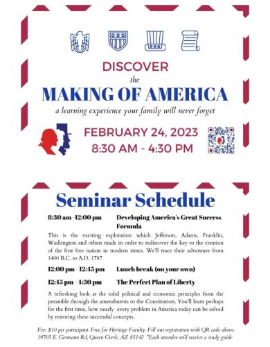 Queen Creek, Arizona – February 24, 2023 – Seminar – Discover the Making of America