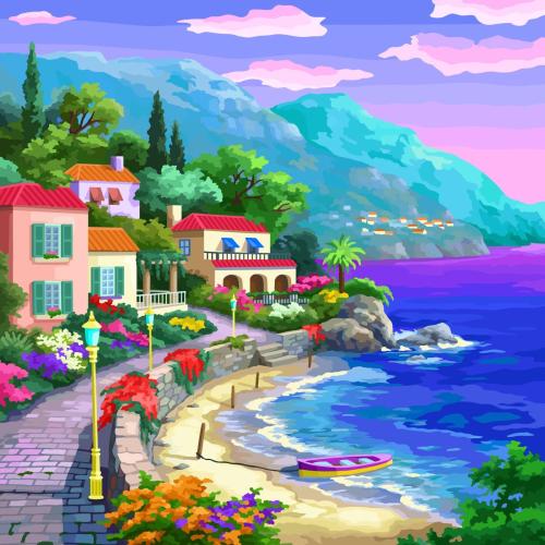 Watercolor Greek Coast Scene