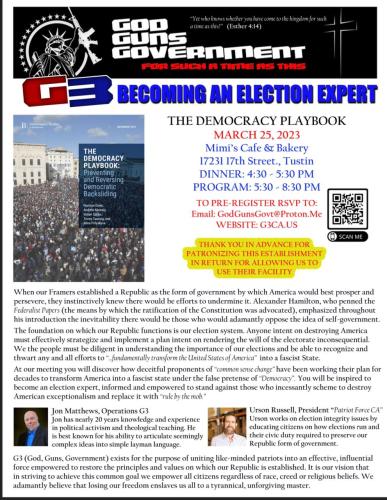 Tustin, California - March 25, 2023 - Becoming an Election Expert - The Democracy Playbook