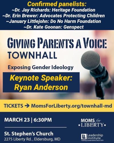 Eldersburg, Maryland – March 23, 2023 – Mom’s for Liberty – Giving Parents a Choice Townhall