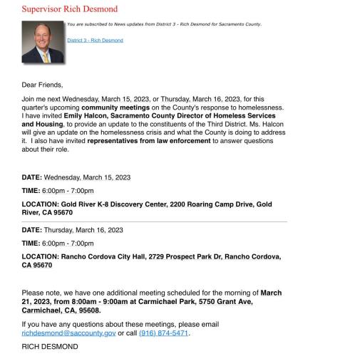 California - Various Locations in Sacramento County - March 15, 16 and 21, 2023 - Community Meeting to Discuss Homelessness
