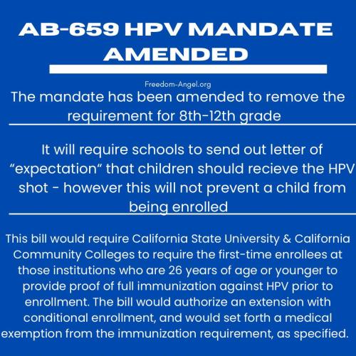California - Victory in Amending HPV Mandate for Grade 8 - 12 Students