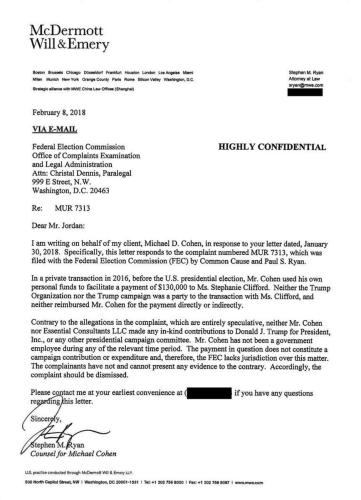 2018 Letter from Michael Cohen's lawyer