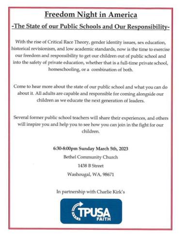 Washougal, Washington - March 5, 2023 - TPUSA Faith - The State of Our Public Schools and Our Responsibility
