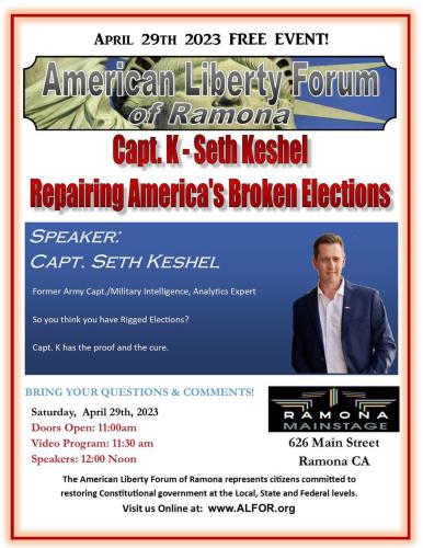 Ramona, California - April 29, 2023 - American Liberty Forum Featuring Seth Keshel