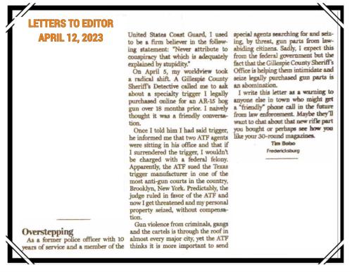 letter to the editor Gillespie County Sheriff's office cooperating with ATF to confiscate guns