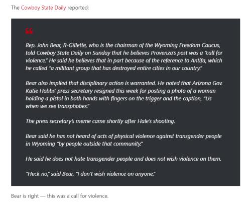Wyoming democrat state rep calls for violence