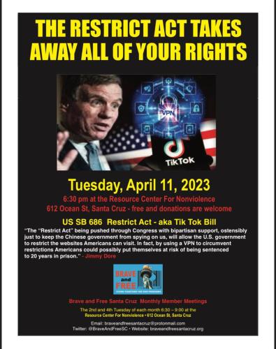 Santa Cruz, California - April 11, 2023 - Brave and Free Meeting to Discuss the Restrict Act