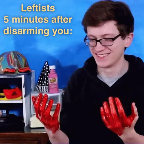 Leftists 5 Minutes After Disarming You - Smiling Young Man Bloody Hands