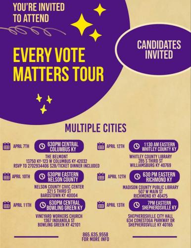 Kentucky - Various Locations and Dates in April - Dr. Frank - Every Vote Matters Tour